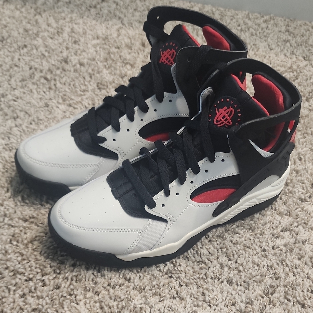 White and Black High-Top Sneakers with Red Accents - Picture 3 of 8